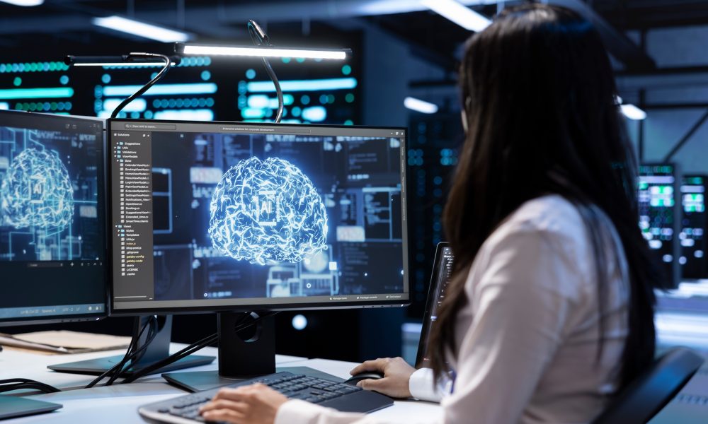 Engineer working data center using artificial intelligence tech