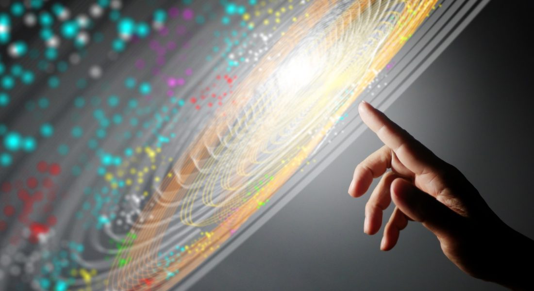 Finger touching Ai technology, future cyberspace, Digital neural network, Big Data concept