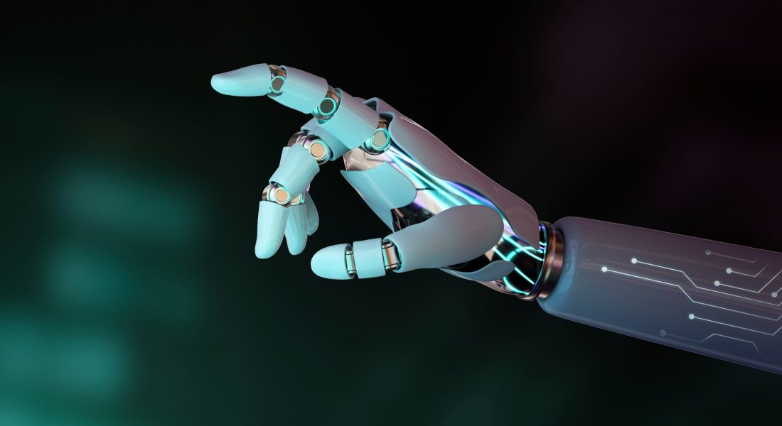 Robot hand finger pointing, AI technology background